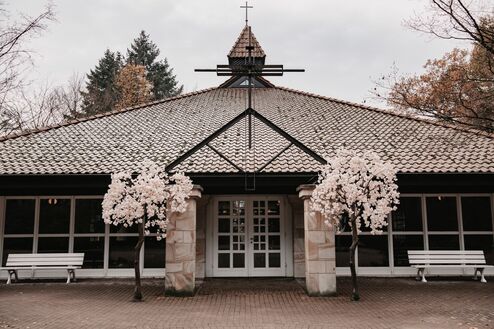 Kirschblütenbäume als Dekoration vor der Trauerhalle