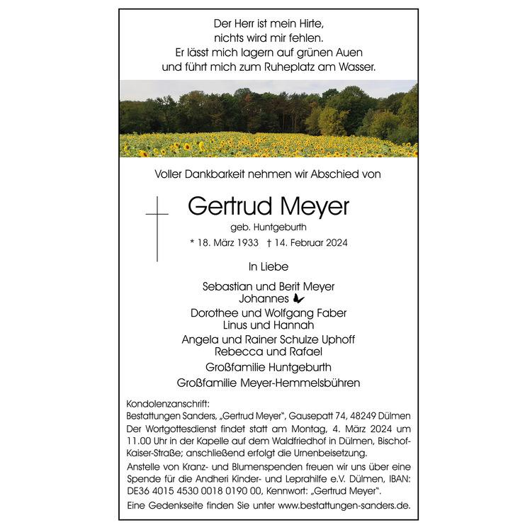 Traueranzeige in der Dülmener Zeitung für Gertrud Meyer