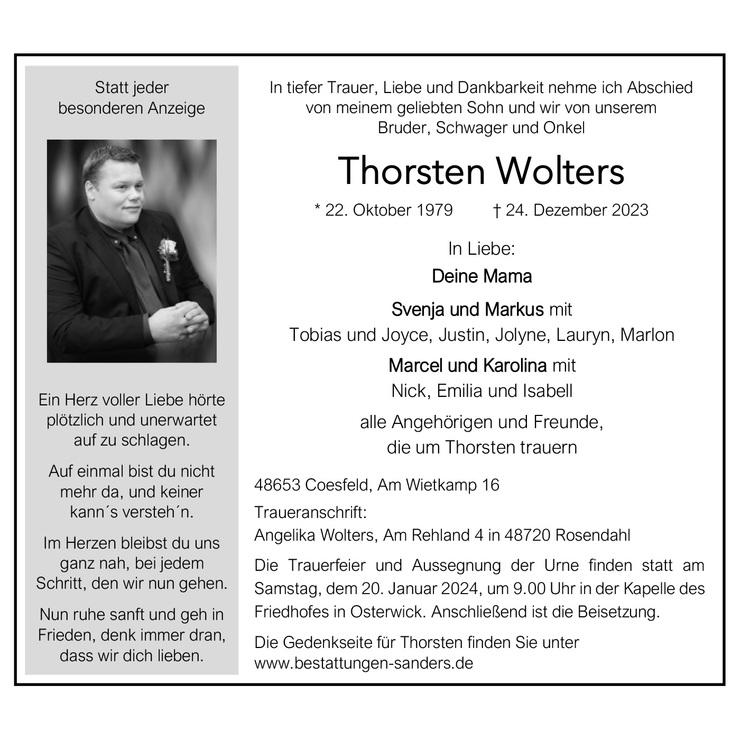 Traueranzeige in der Coesfelder Zeitung für Thorsten Wolters