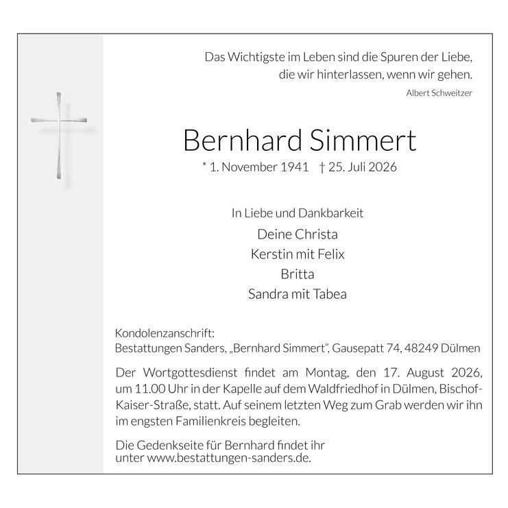 Traueranzeige f&uuml;r Bernhard Simmert