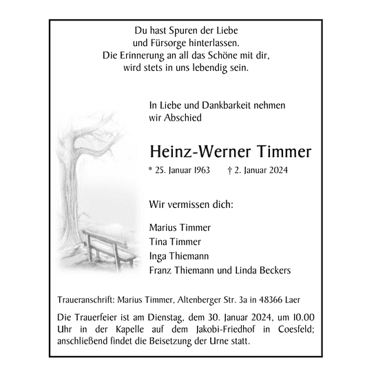 Traueranzeige in der Coesfelder Zeitung für Heinz-Werner Timmer