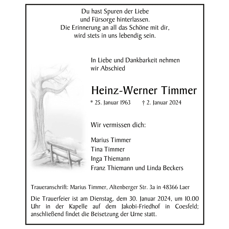 Traueranzeige in der Coesfelder Zeitung für Heinz-Werner Timmer