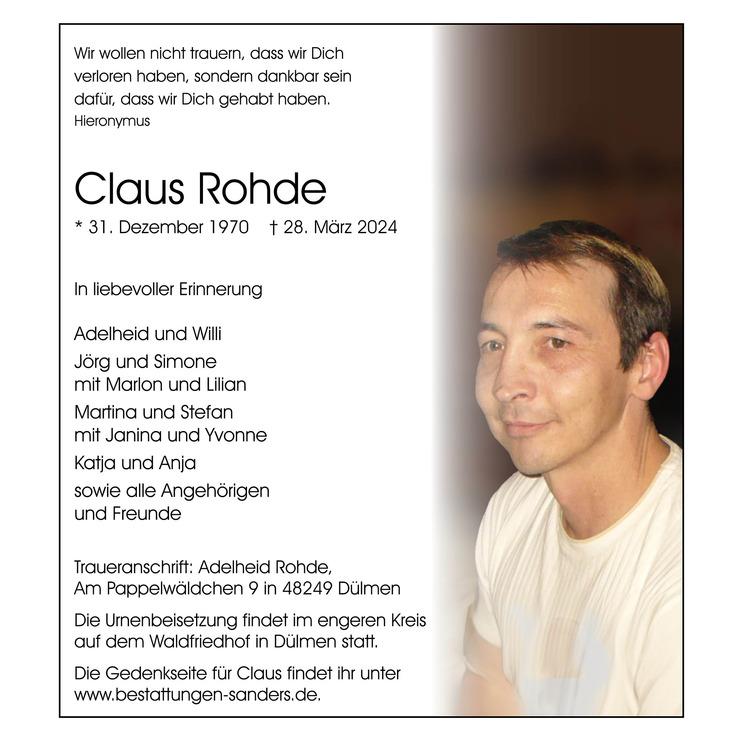 Traueranzeige für Claus Rohde in der Dülmener/Halterner Zeitung