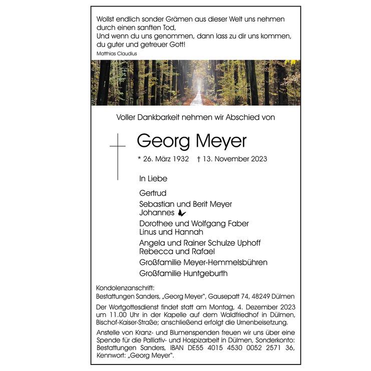 Traueranzeige in der Dülmener Zeitung für Georg Meyer