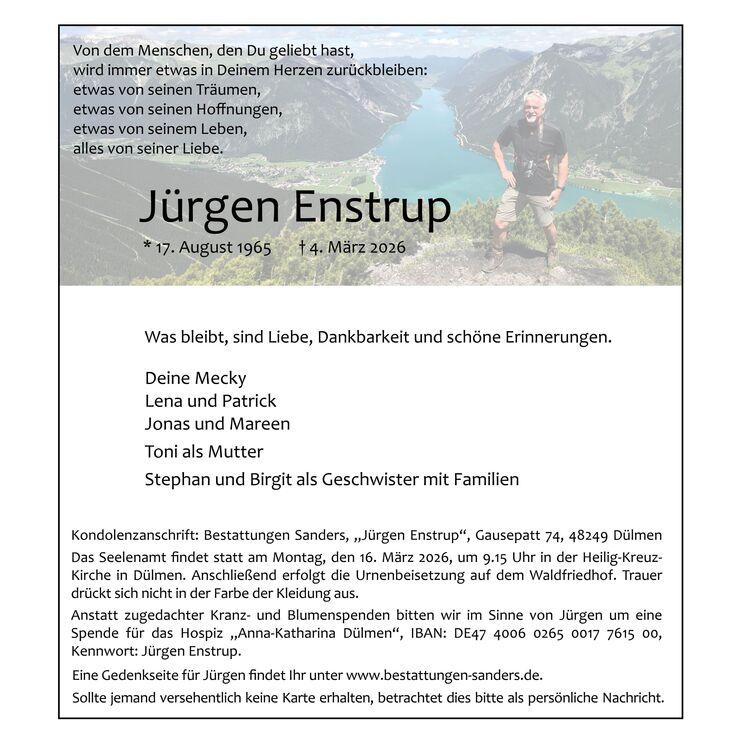 Traueranzeige für Jürgen Enstrup in der Dülmener Zeitung Traueranzeige für Jürgen Enstrup in der Dülmener Zeitung